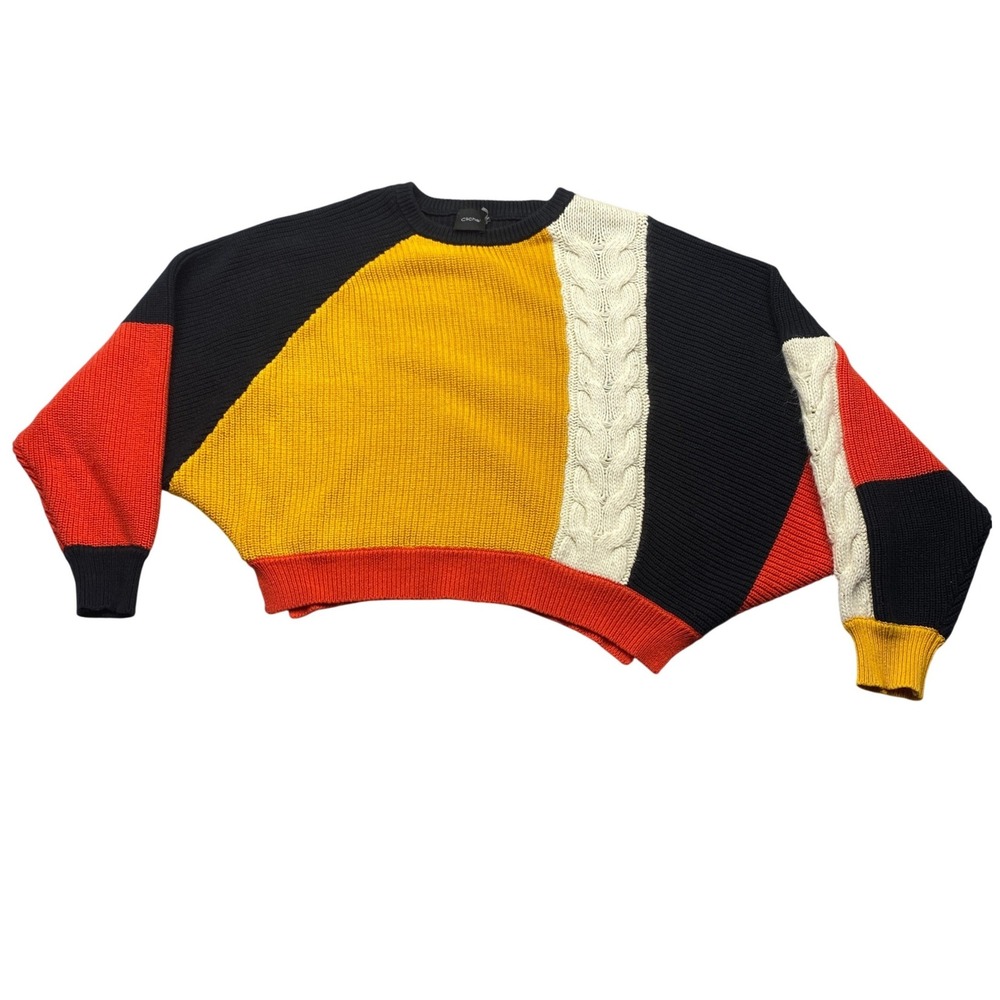 Cliche Colorblock Cable Knit Sweater Womens Orange Yellow Black Cropped‎ Sz M